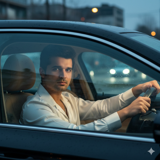 A young boy, 19 age is seated in the driver's seat of a car