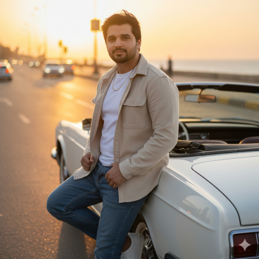 leaning against a white convertible on the Alexandria Corniche
