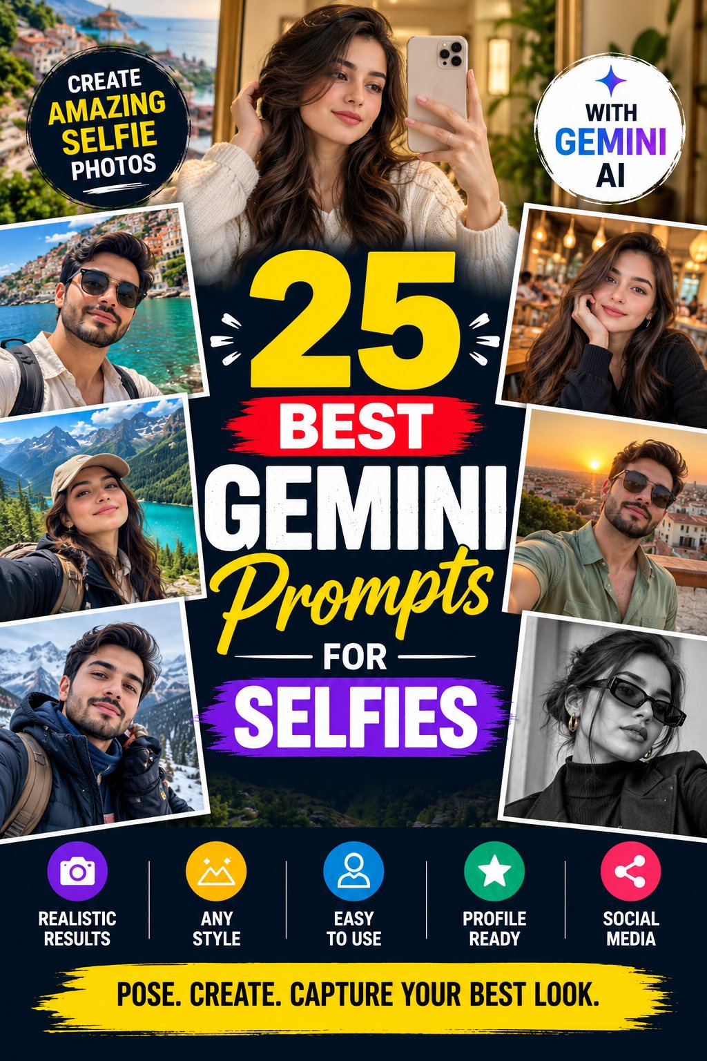 Cover for 25 Best Gemini Prompts for Selfies — collage of realistic Gemini selfie styles: natural, aesthetic, golden-hour and professional portraits