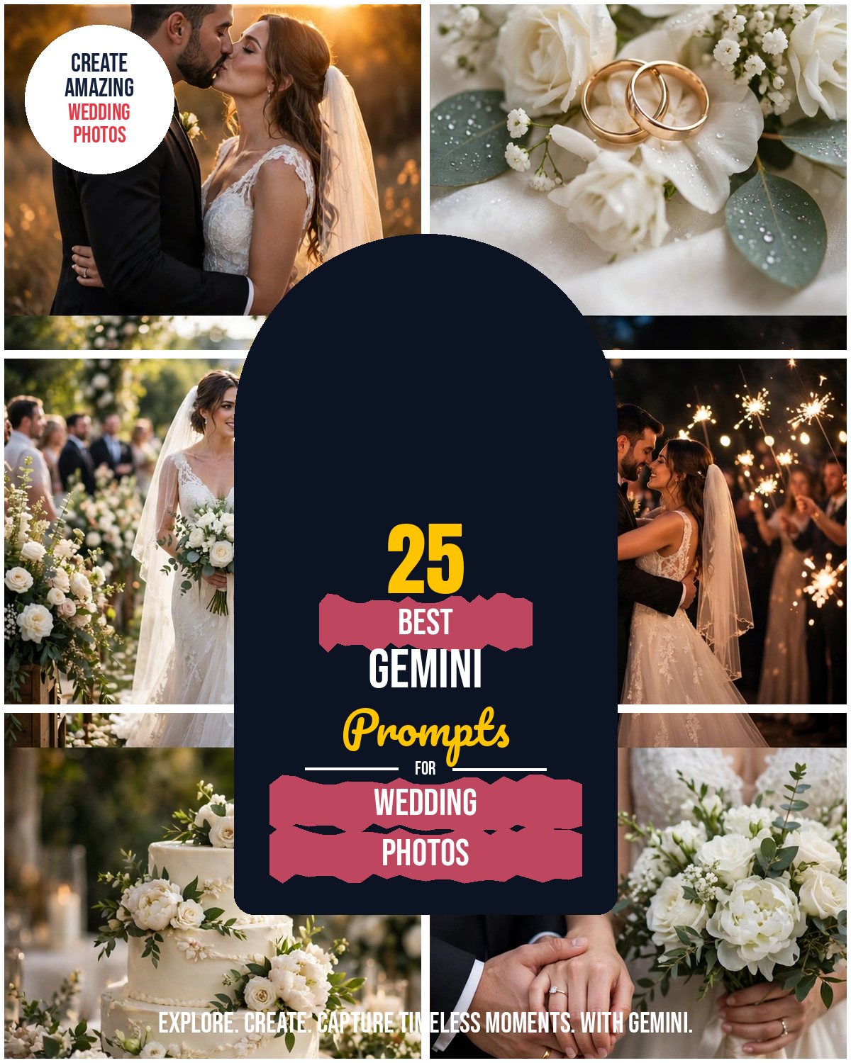 Collage cover for '25 Best Gemini Prompts for Wedding Photos' — sunset kiss, wedding rings on flowers, aisle walk, sparkler first dance and more realistic AI wedding photos